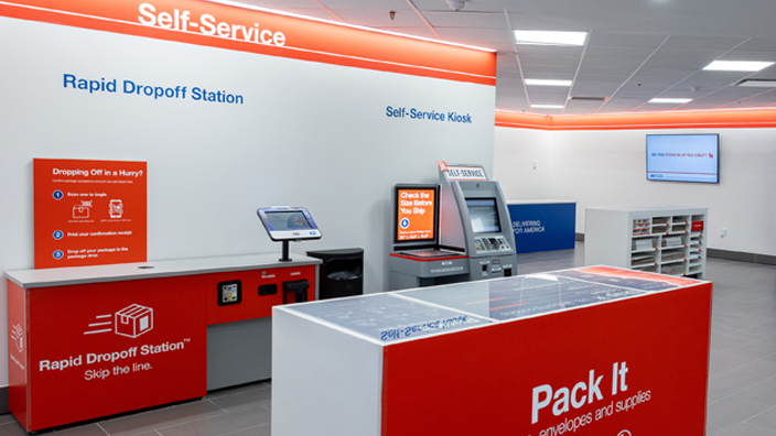 A self-serve counter for putting together packages at a prototype USPS Post Office