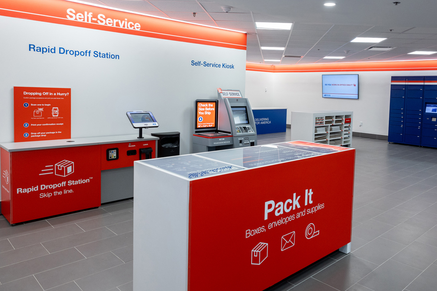 A self-serve counter for putting together packages at a prototype USPS Post Office