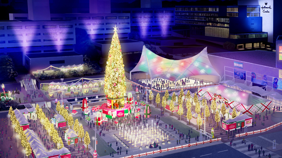 An artist's rendering of a town square with a lit Christmas tree and other holiday symbols