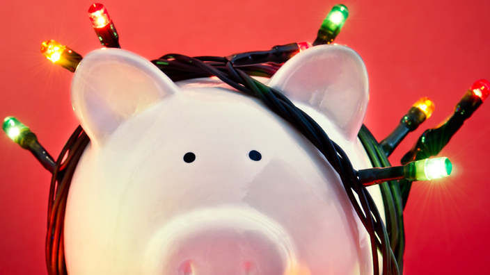 A piggybank wrapped in holiday lights