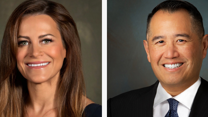 A head and shoulders photo of a woman on the left and a head and shoulders photo of a man on the right