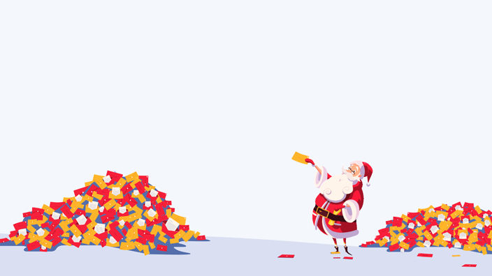 Illustration of Santa Claus ringing a bell next to a large pile of colorful letters