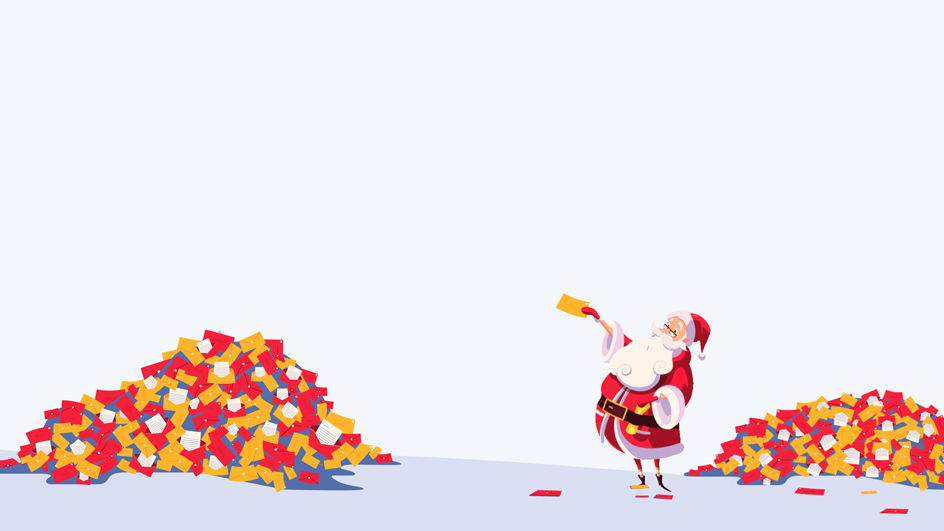 Illustration of Santa Claus ringing a bell next to a large pile of colorful letters