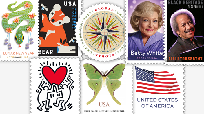 A collage of 2025 USPS stamps.