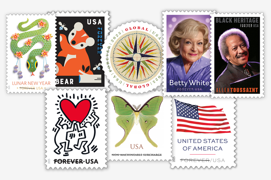 A collage of 2025 USPS stamps.