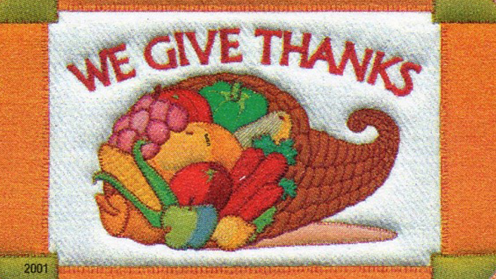 This 34-cent Thanksgiving stamp, released in 2001, shows a cornucopia and was part of the Holiday Celebrations series.