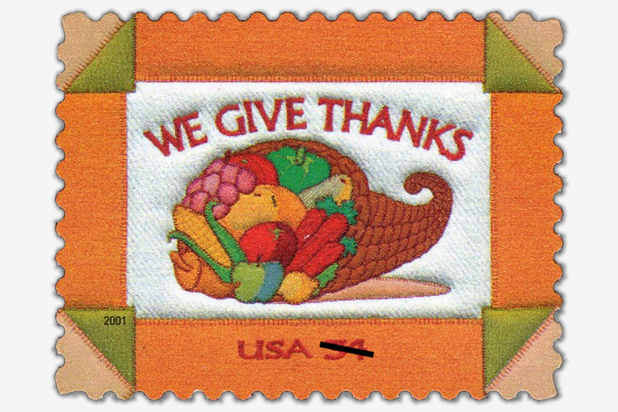 This 34-cent Thanksgiving stamp, released in 2001, shows a cornucopia and was part of the Holiday Celebrations series.