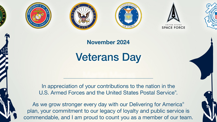 The 2024 Veterans Day certificate displays the seals of the U.S. armed forced and is signed by Postmaster General Louis DeJoy.