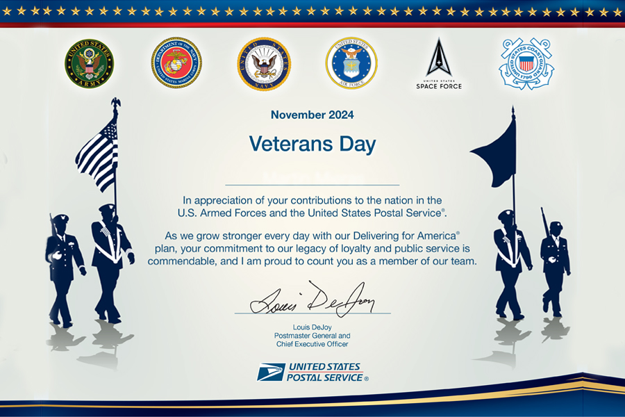 The 2024 Veterans Day certificate displays the seals of the U.S. armed forced and is signed by Postmaster General Louis DeJoy.