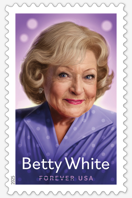 A postage stamp bearing an illustration of actress Betty White