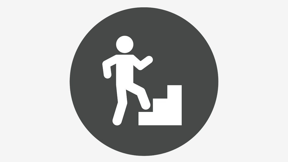 A black-and-white illustration of a person walking up stairs, symbolizing the climb up a career ladder