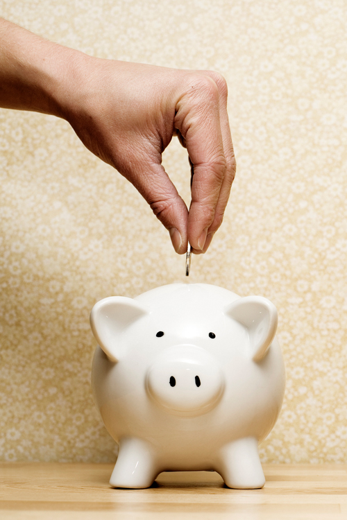 A person places a coin in a piggybank