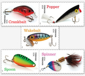 The Freshwater Fishing Lures stamps will feature brightly detailed photographs that show five lures considered icons of the sport.