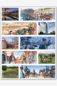 Battlefields of the American Revolution, a pane of 15 stamps, will showcase watercolor paintings depicting scenes of five battles alongside photographs of sites involved in each battle.