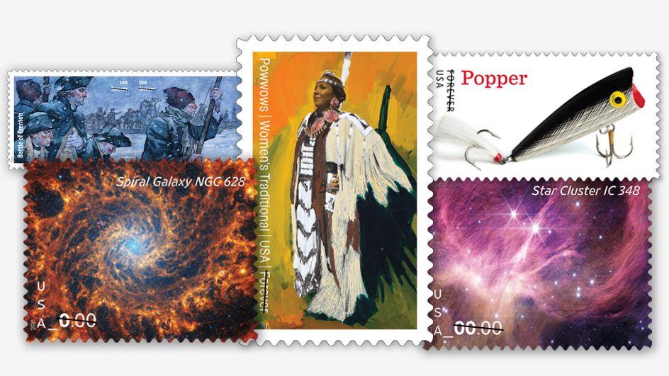 The Postal Service’s stamp releases include, clockwise from left, Battlefields of the American Revolution, Powwows, Freshwater Fishing Lures, Star Cluster and Spiral Galaxy.