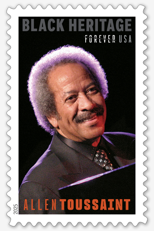 A postage stamp that depicts a man seated at a piano, bathed in purplish light against a black background