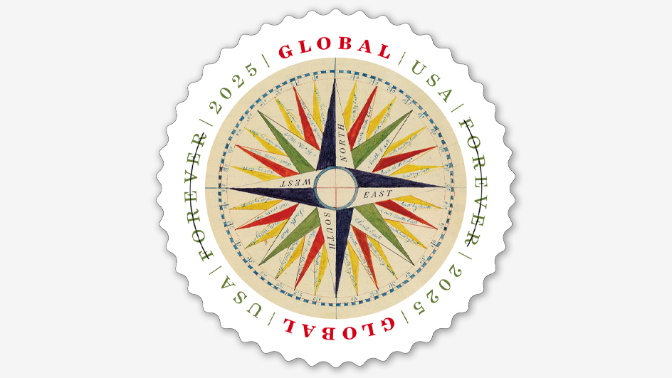 A round postage stamp displaying an illustration of a colorful compass