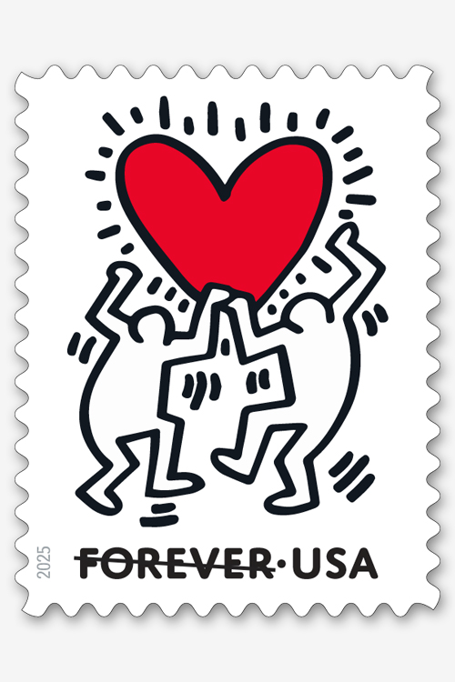 A stamp that shows two figures in black and white reaching toward a red heart, suggesting they are dancing.