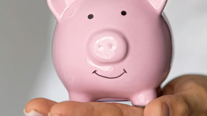 A woman’s hands hold a piggybank