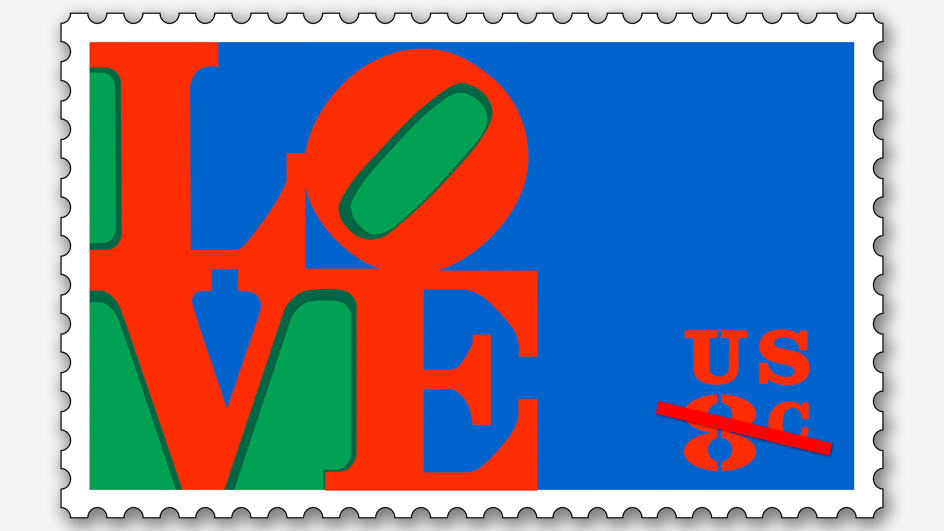 A postage stamp bearing an 8-cent denomination and featuring the word Love spelled in a 1970s-era font