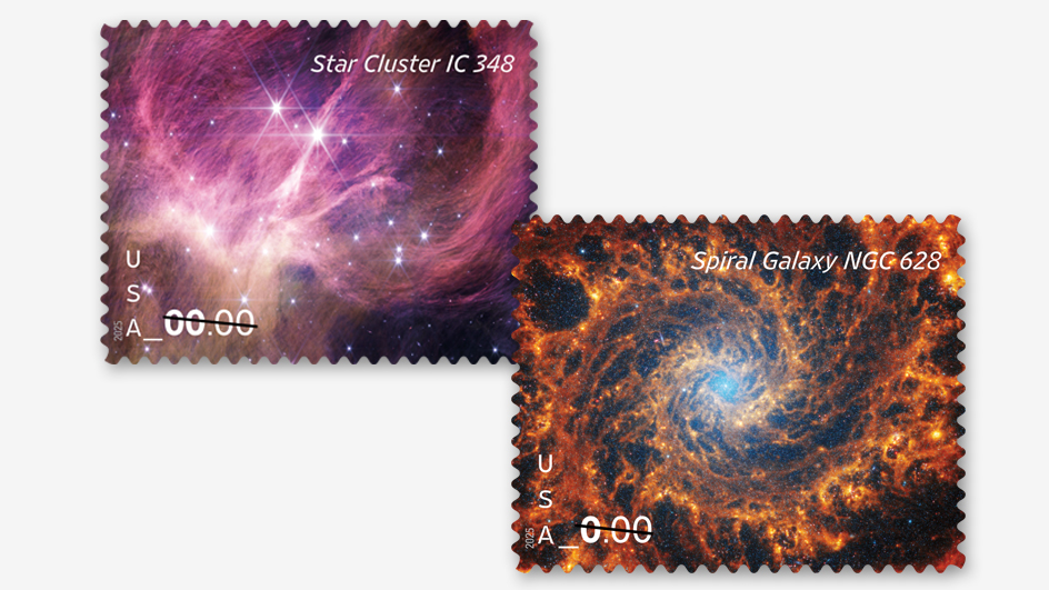 Two postage stamps displaying interstellar photography