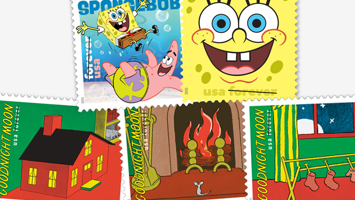 A collage that shows stamps bearing images from a colorful children’s picture book, as well as stamps that show animated TV characters