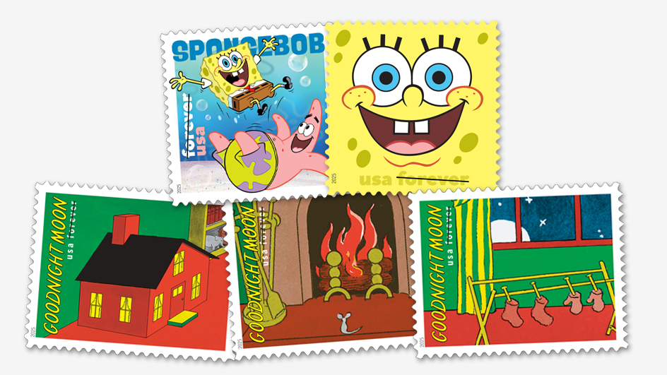 A collage that shows stamps bearing images from a colorful children’s picture book, as well as stamps that show animated TV characters