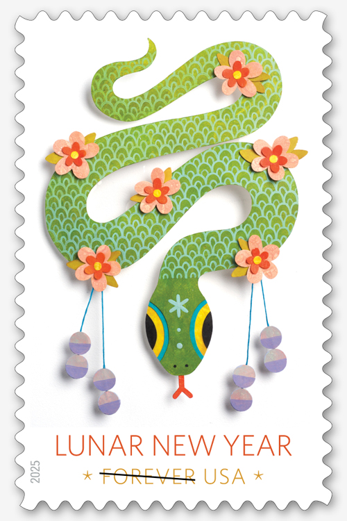 A postage stamp that shows a photo of a green snake mask, decorated with pink and orange flowers.