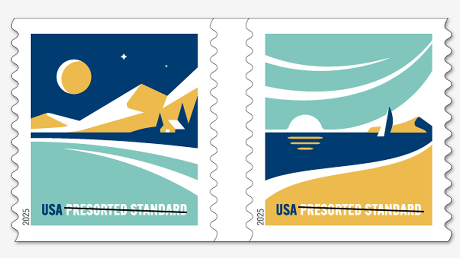 A stamp showing a mountain, lake and a cabin is next to another stamp showing a beach with a sailboat on the nearby water