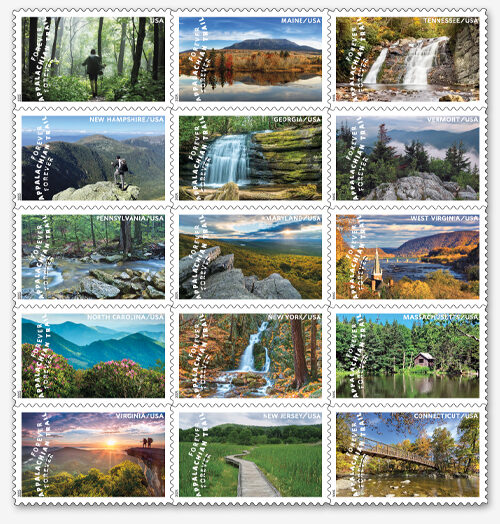 The pane of 15 USPS Appalachian Trail stamps.