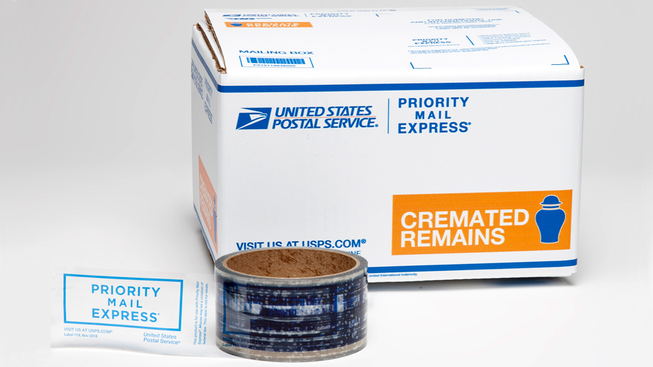 A Priority Mail Express box bearing a special Cremated Remains marking