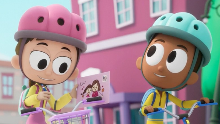 A scene from an animated video series featuring Mr. ZIP, a cheerful letter carrier, speaking to two children on bicycles