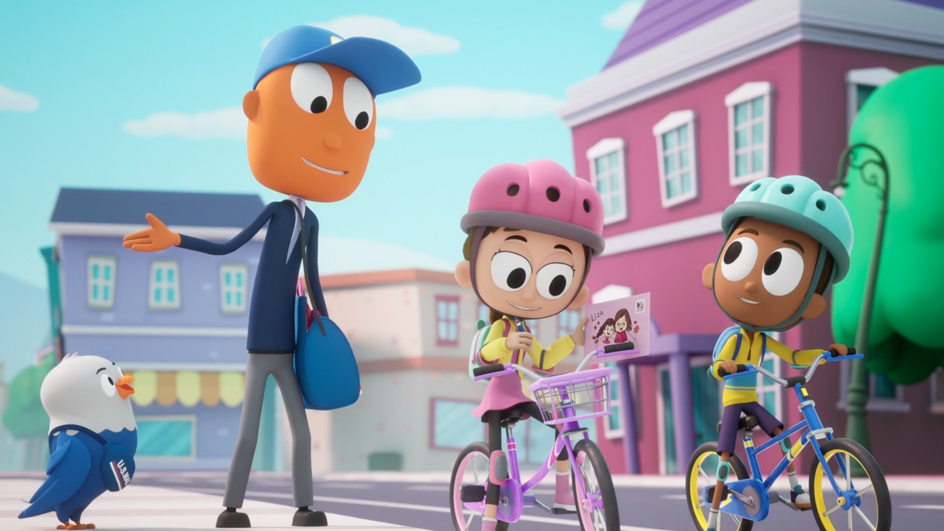 A scene from an animated video series featuring Mr. ZIP, a cheerful letter carrier, speaking to two children on bicycles