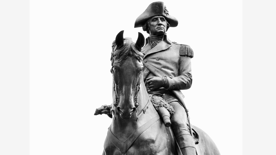 A statue of Washington sitting regally atop a horse