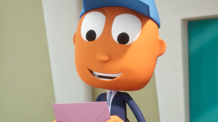 A scene from an animated series that shows Mr. ZIP, a cheerful letter carrier, holding a pink envelope