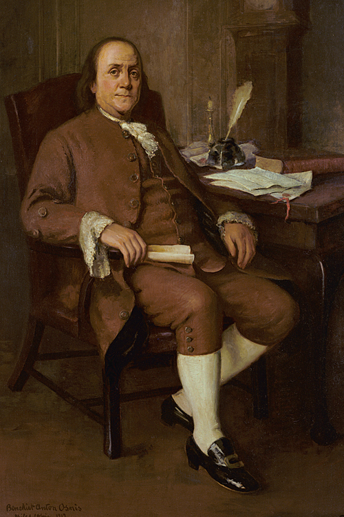 A portrait of Benjamin Franklin sitting at a desk, looking pensive