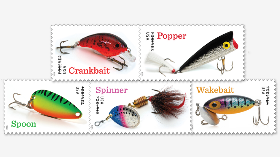 The five USPS stamps depicting fishing lures.