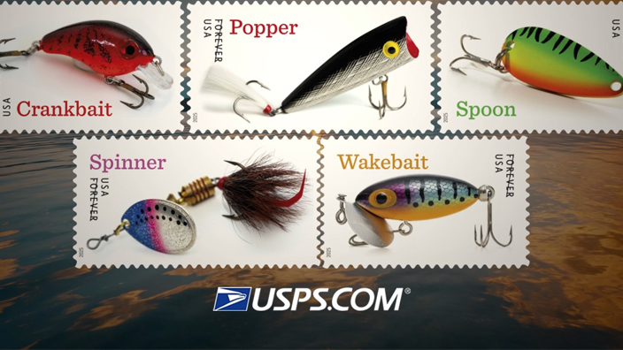 A graphic displaying images of stamps featuring fishing lures