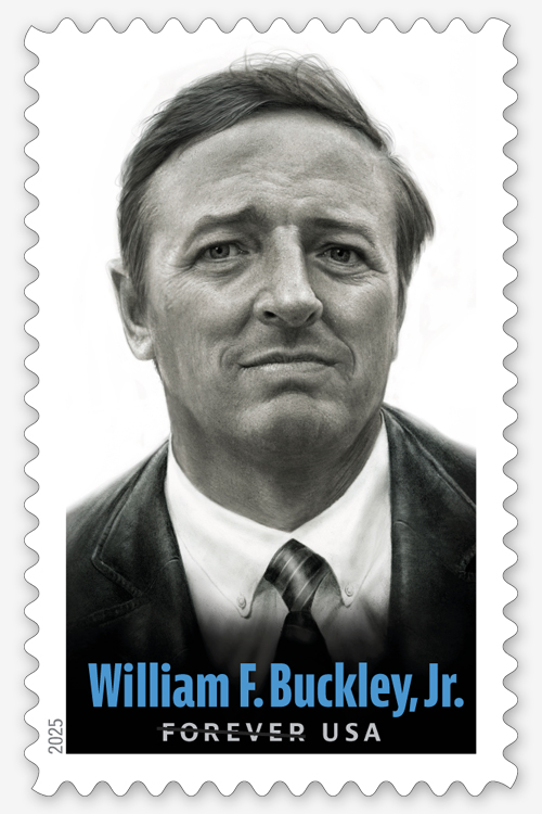 A postage stamp showing an illustration of William F. Buckley Jr.