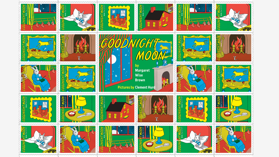 A sheet of colorful stamps depicting scenes from the children’s book Goodnight Moon