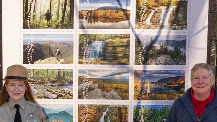 People stand in a forested setting, near a large poster displaying images of natural scenery.