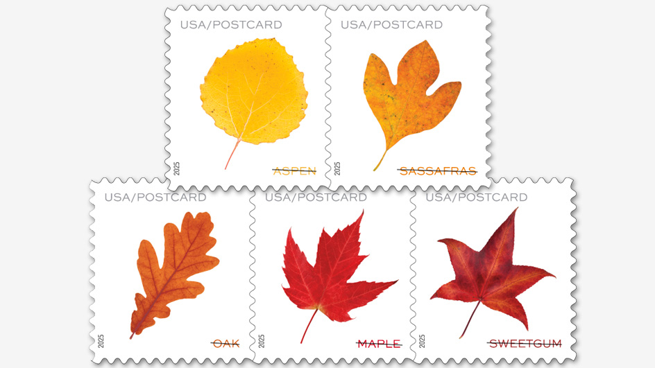 Five stamps depicting colorful leaves