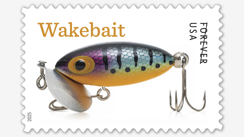 A postage stamp depicting an image of a colorful fishing lure.