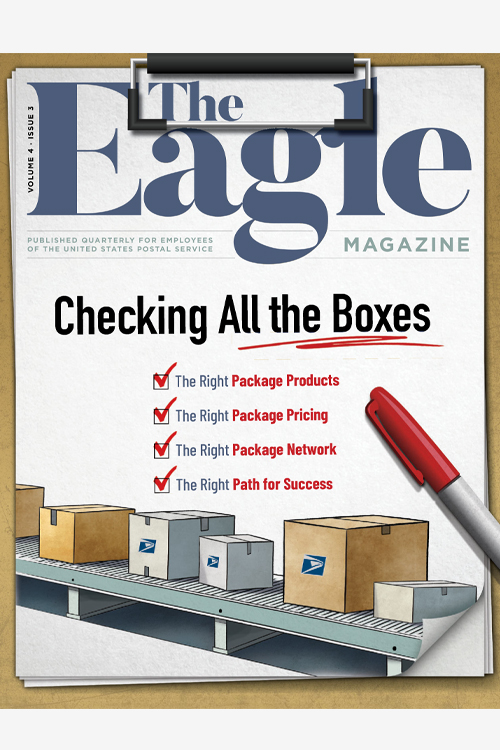 A USPS employee magazine cover showing an illustration of Priority Mail packages and other boxes