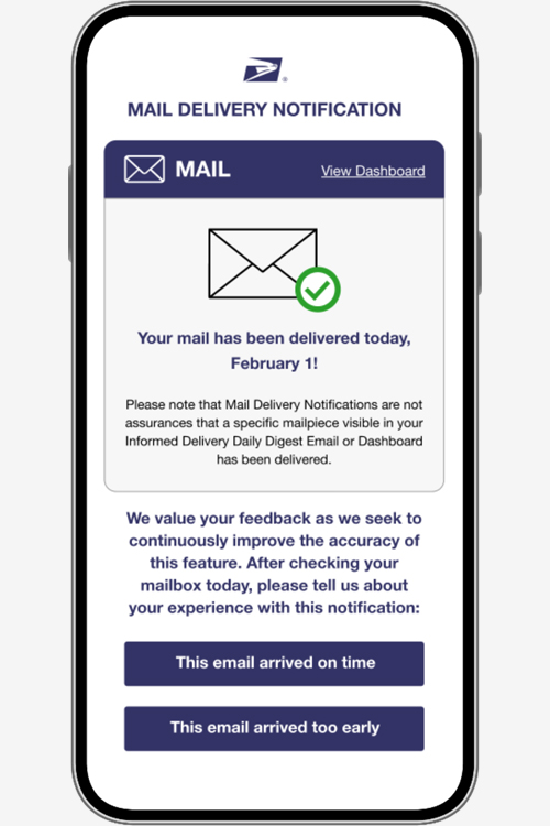 A mobile phone screen that shows a USPS Informed Delivery notification that a customer’s daily mail delivery has been completed.