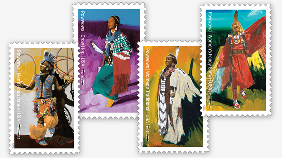 The four Powwows: Celebrating Native American Culture stamps showing dancers wearing traditional garb.