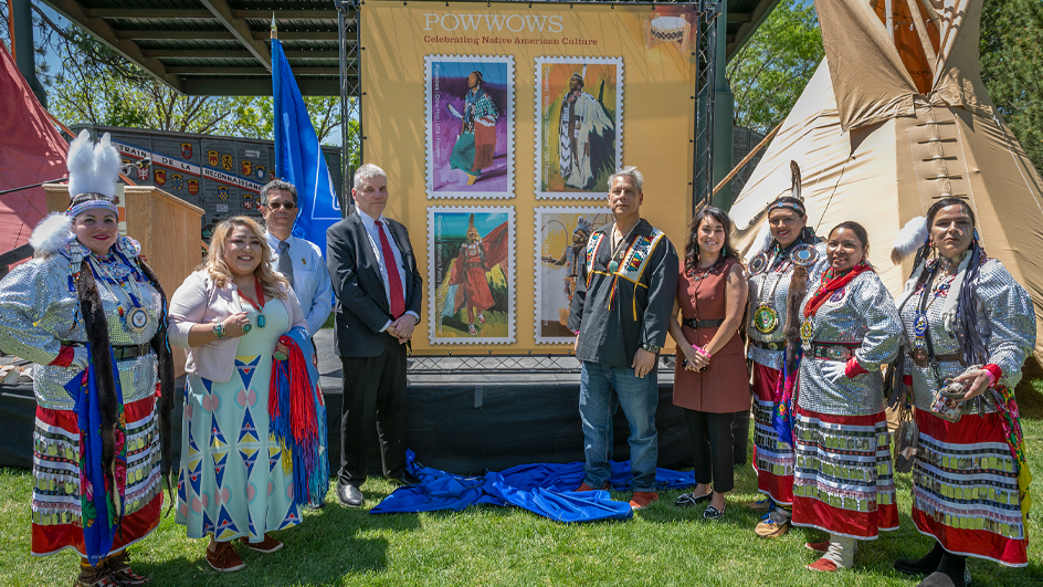 The four Powwows: Celebrating Native American Culture stamps showing dancers wearing traditional garb.