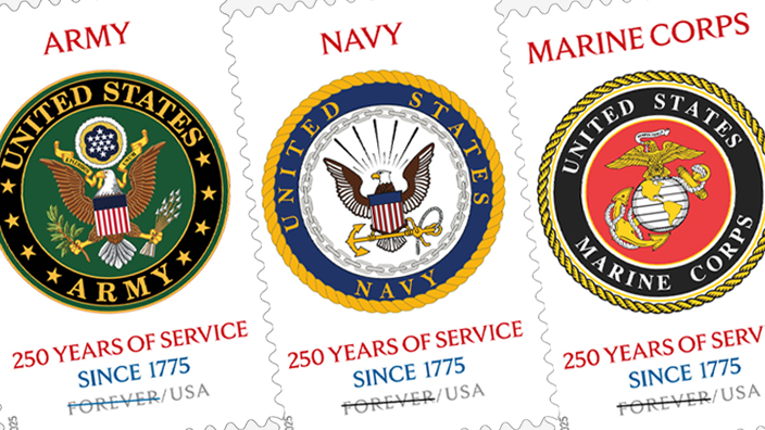 Three stamps showing the emblems of the Army, Navy and Marine Corps on a white background.