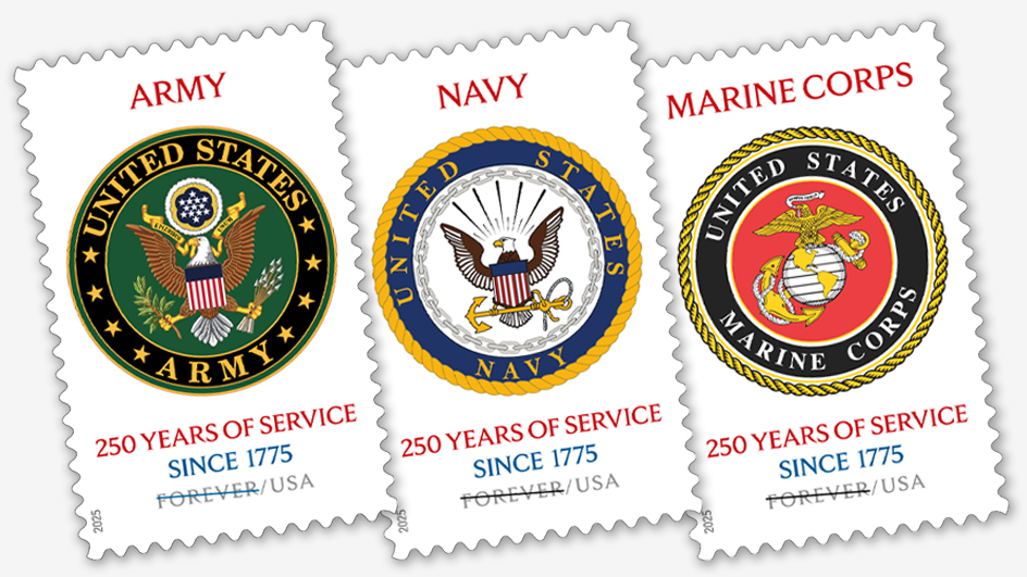 Three stamps showing the emblems of the Army, Navy and Marine Corps on a white background.