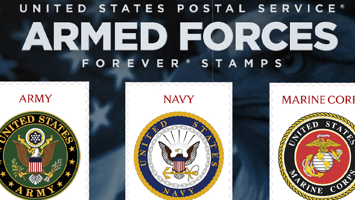 A graphic displaying three military-themed stamp images